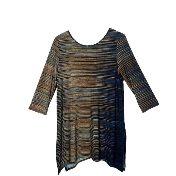 Clara SunWoo L Stripe Tunic Top Brown Navy Stretch Knit 3/4 Sleeve Artsy - Picture 3 of 9